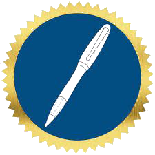 An icon of a pen in a blue circle with a gold border.