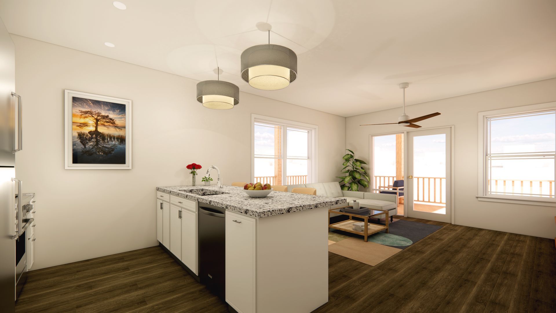 An artist 's impression of a living room and kitchen in a house.