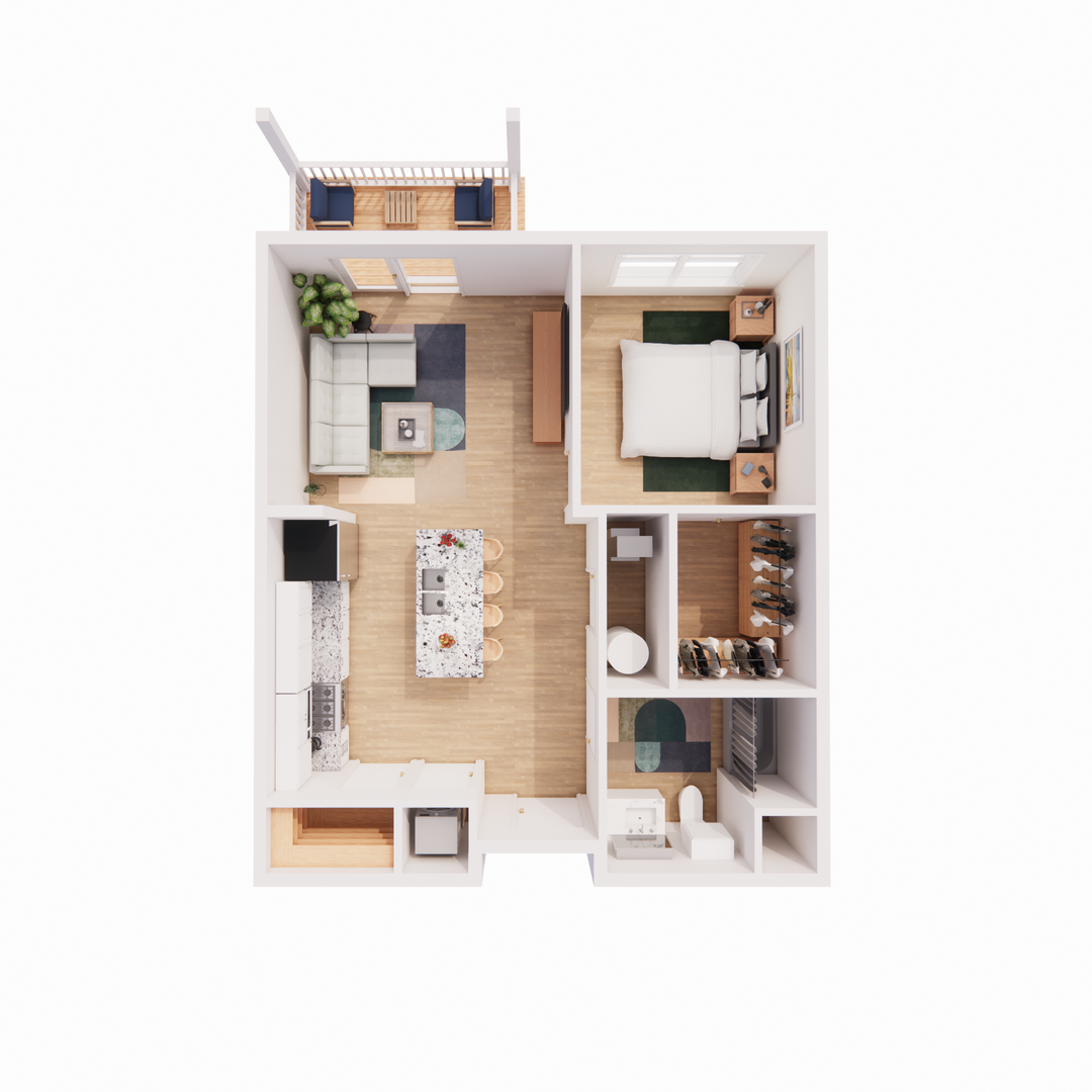 An aerial view of a floor plan of a small apartment.