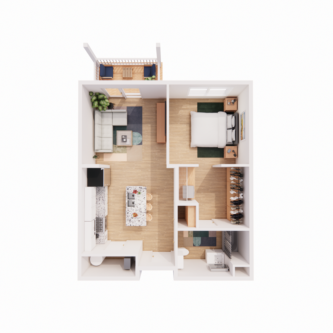 An aerial view of a floor plan of a small apartment.