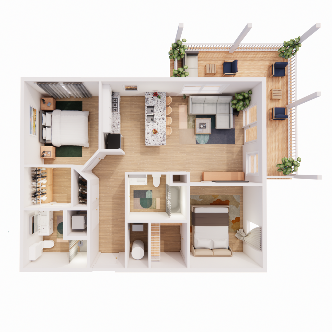 An aerial view of a house with a balcony