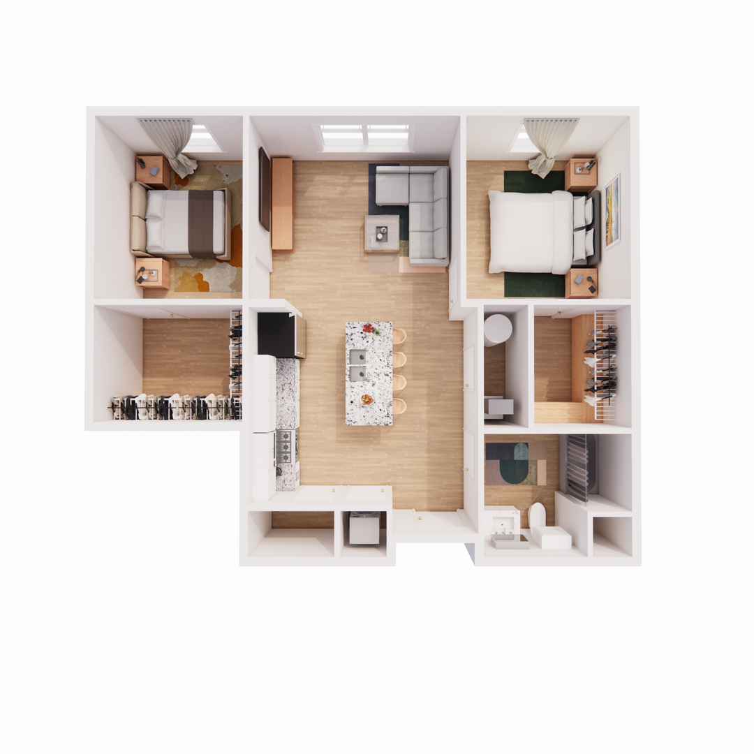 A floor plan of a house with two bedrooms , a living room , and a kitchen.