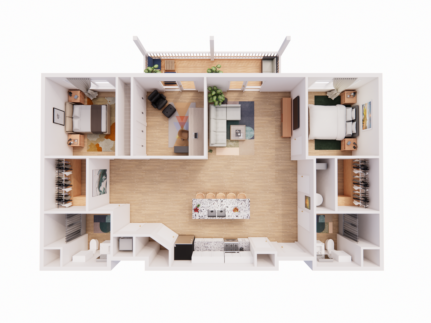 An aerial view of a floor plan of a house.