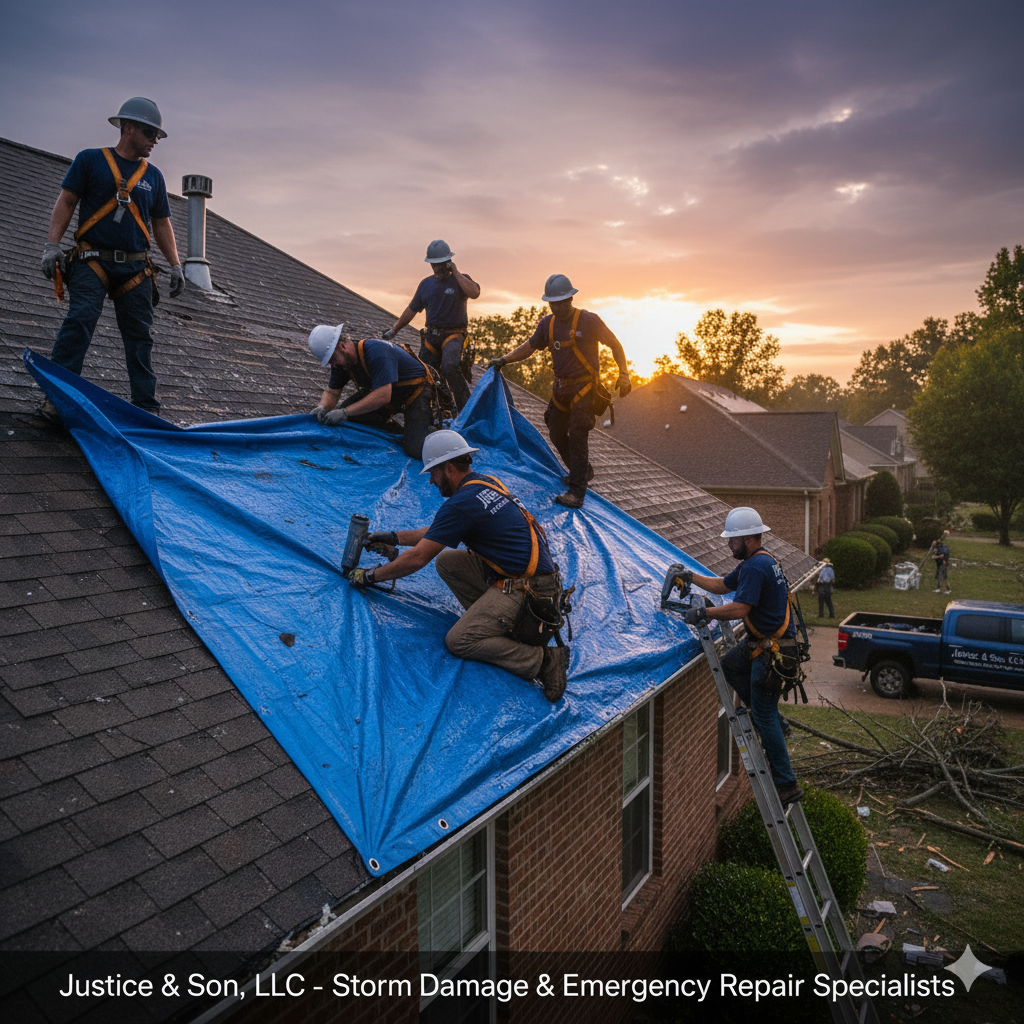 Workers covering a damaged roof with a blue tarp during sunset.