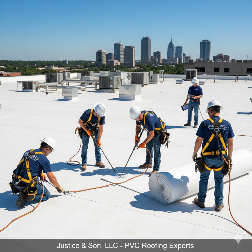 Roofers installing PVC roofing on a flat white roof, city skyline in the background.