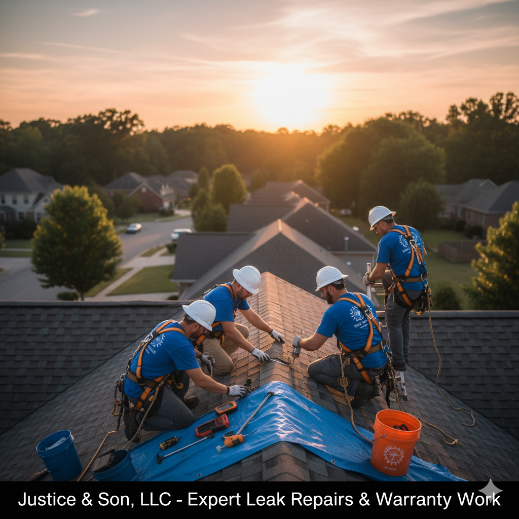 Roofers in blue shirts and hard hats repairing a roof at sunset.