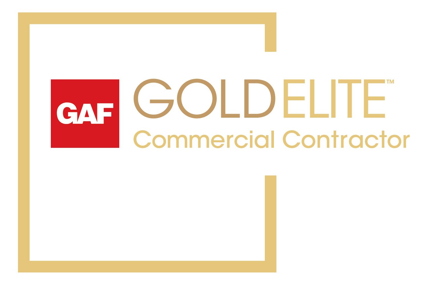 GAF Gold Elite Commercial Contractor logo, gold and red square with text.