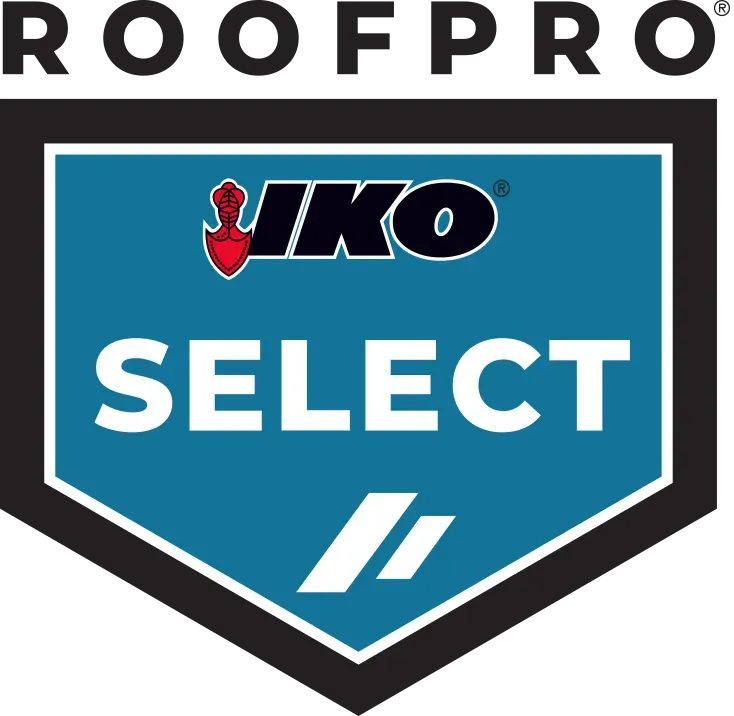 Logo for ROOFPRO SELECT by IKO, featuring a blue and white shield-shaped emblem within a black hexagon border.
