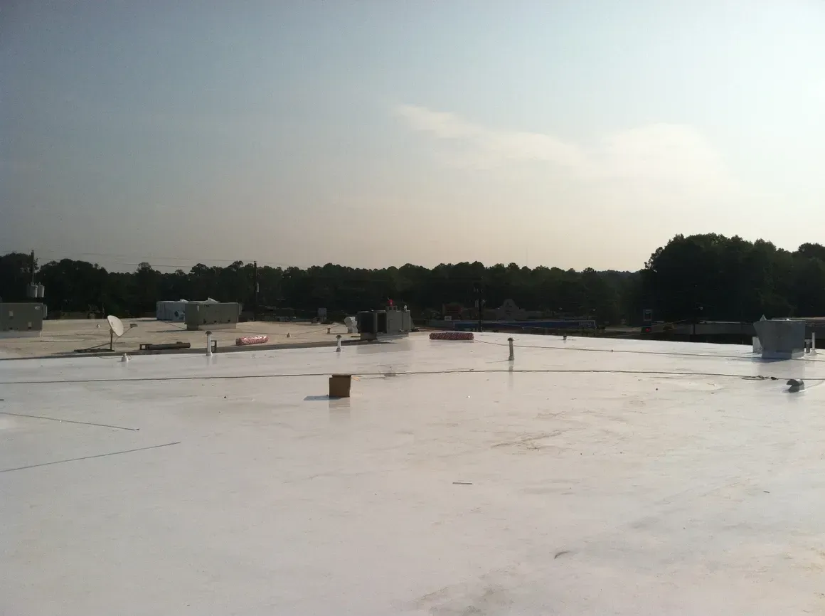 A wide, white commercial roof with some equipment, in front of a line of trees under a hazy sky.