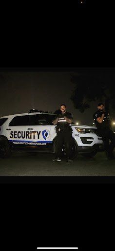 security response team standing beside their car patrol