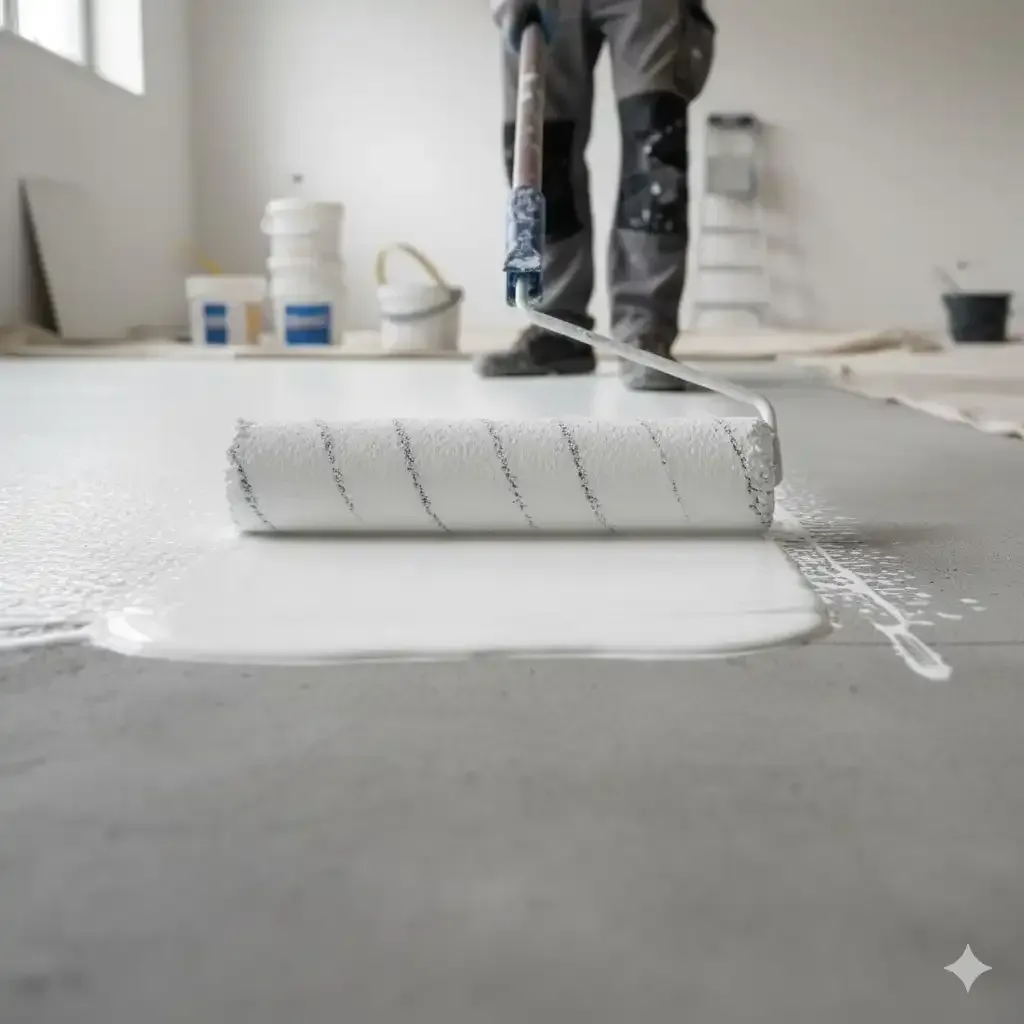 Person rolling white paint on a gray floor, with paint cans and a ladder in the background.