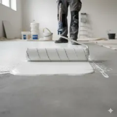 Person rolling white paint on a gray floor, with paint cans and a ladder in the background.