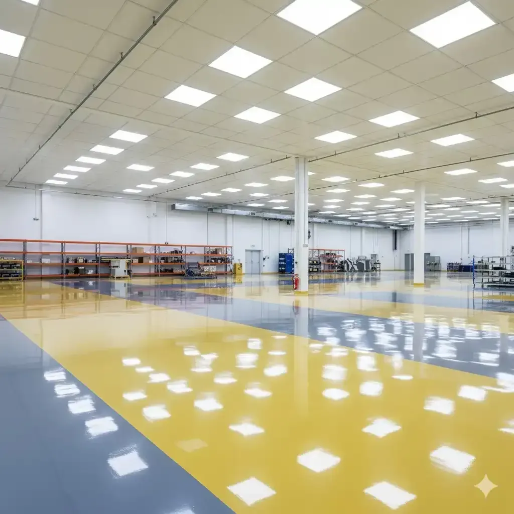 Large, bright industrial space with a shiny yellow and blue epoxy floor