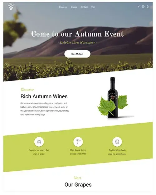 Website promoting an autumn wine event with a vineyard background, green accents, and a bottle of wine.