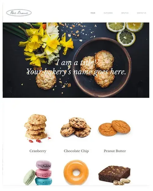 Bakery website mockup with cookies, donuts, and macarons. Top features baked goods with flowers.
