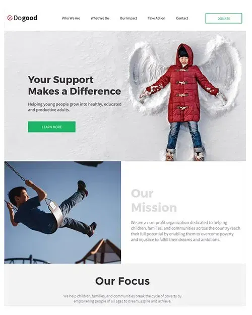 Website homepage: Girl making a snow angel, boy on a swing. Supports young adults.