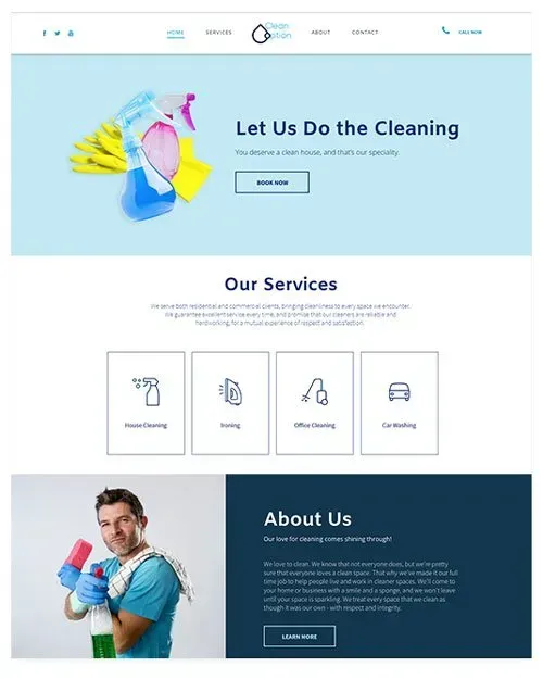 Website promoting cleaning services: a person with cleaning supplies; services are highlighted.