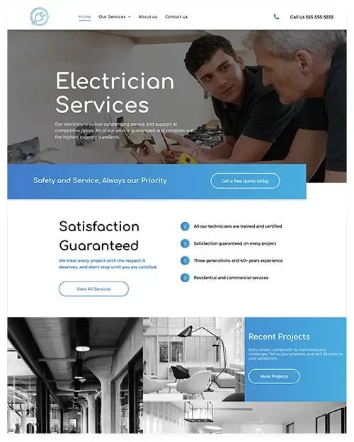 Website for electrician services, featuring workers, blue accents, and project examples.