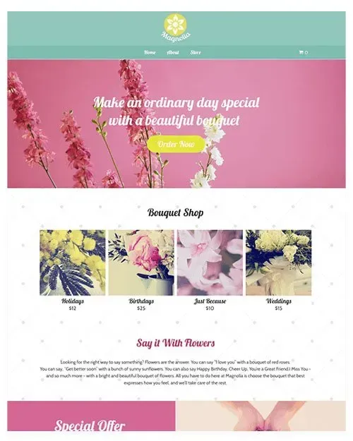 Website for a flower shop with a pink background, flowers, and bouquets.