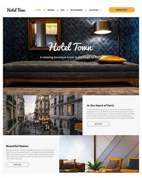 Homepage for Hotel Town featuring a modern bed, cityscape, and room interior.