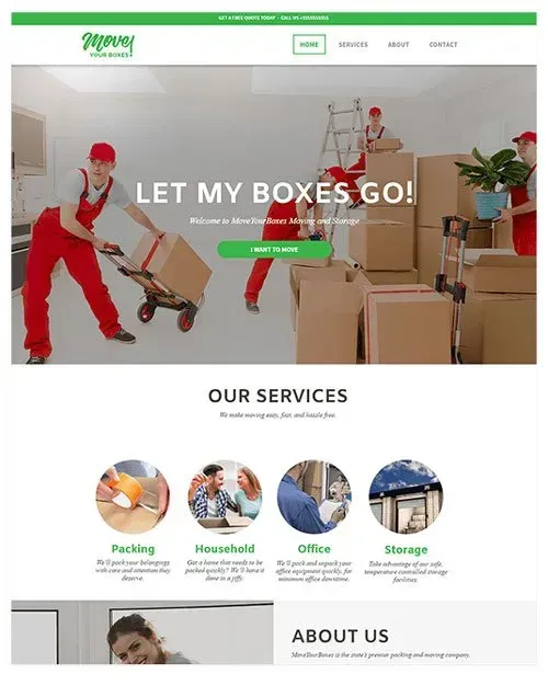 Movers in red unloading boxes; moving company website showcasing services.