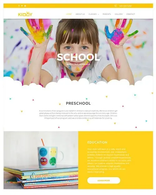 A girl with paint on her hands and face, a school website landing page with a bright yellow and white design.