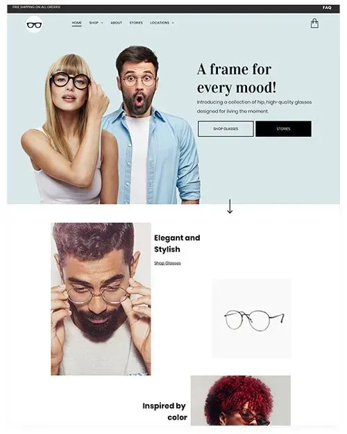 Eyewear website homepage: A woman and man in glasses, surprised expressions, light blue background.
