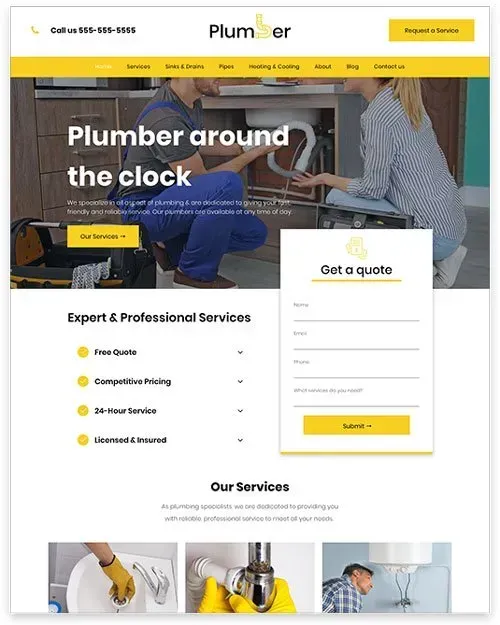 Plumber website homepage: Two plumbers fixing pipes. Yellow and white design with quote form.