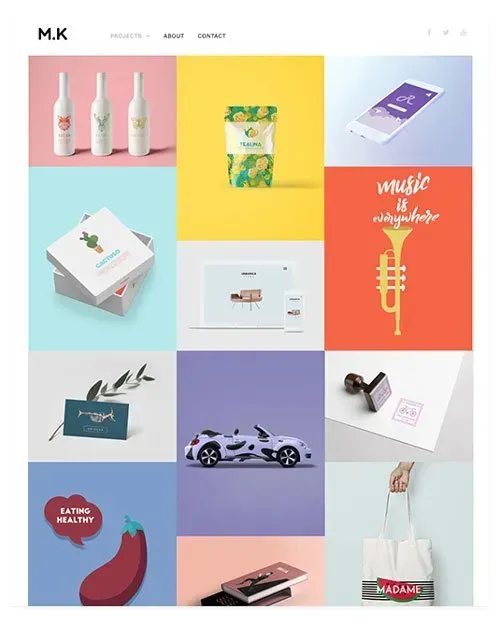 Colorful grid of product design examples.