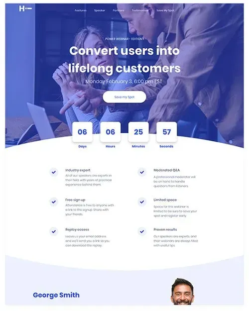 Website homepage showcasing converting users into lifelong customers, with a countdown and customer testimonials.