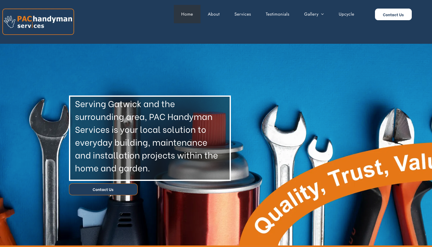 Website for PAC Handyman; tools on blue background. Orange banner with 
