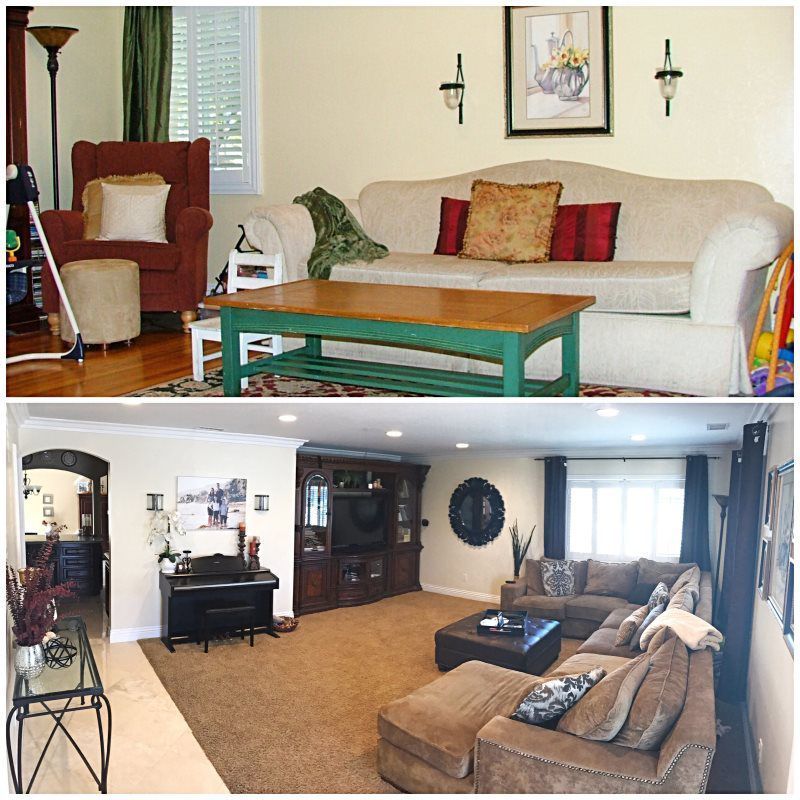 A before and after photo of a living room
