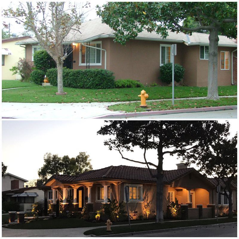 A before and after photo of a house with a fire hydrant in front of it
