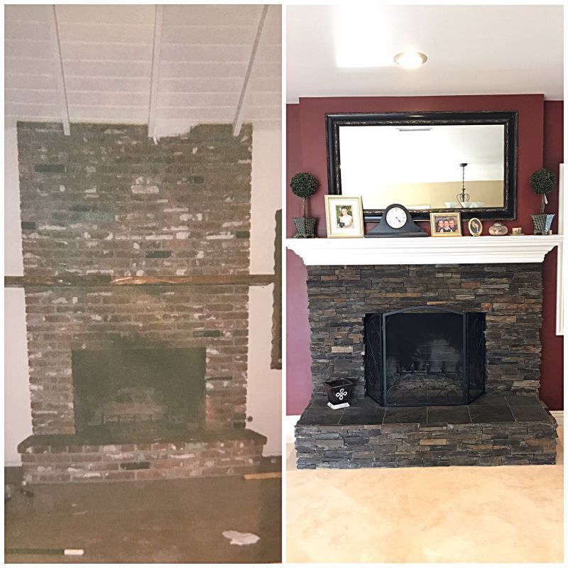A before and after photo of a brick fireplace
