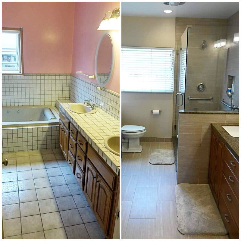 A before and after photo of a bathroom