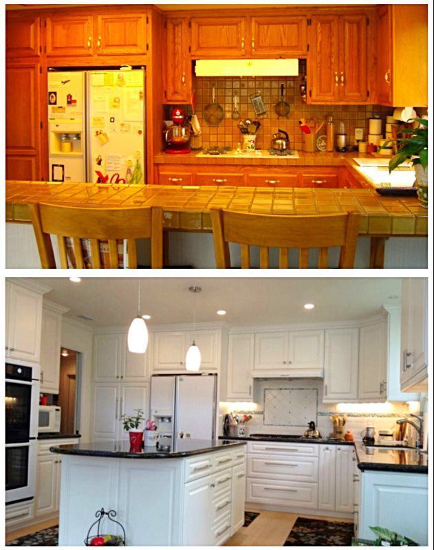 A before and after photo of a kitchen with wooden cabinets and white cabinets