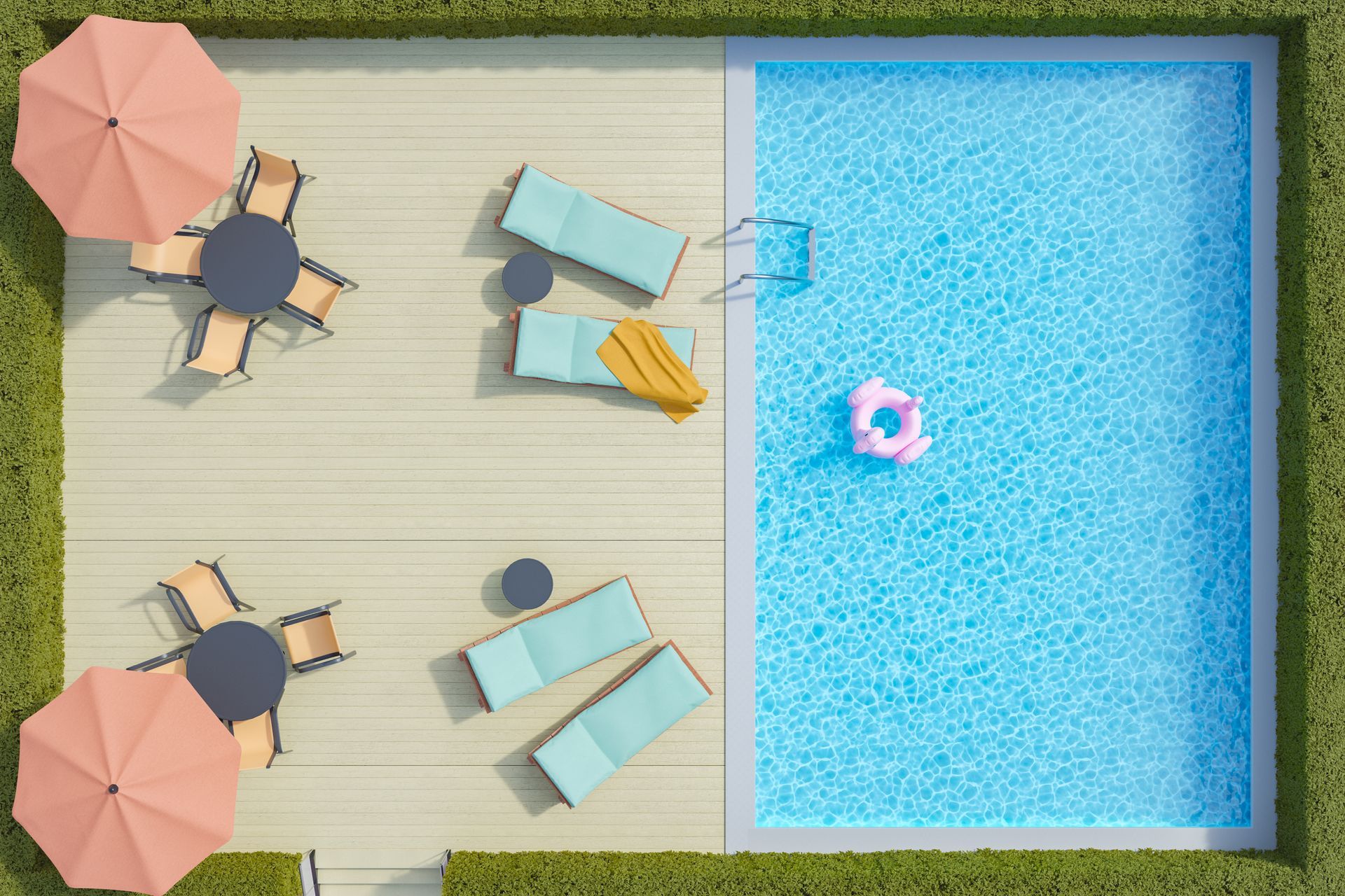 An aerial view of a swimming pool with chairs , tables and umbrellas.