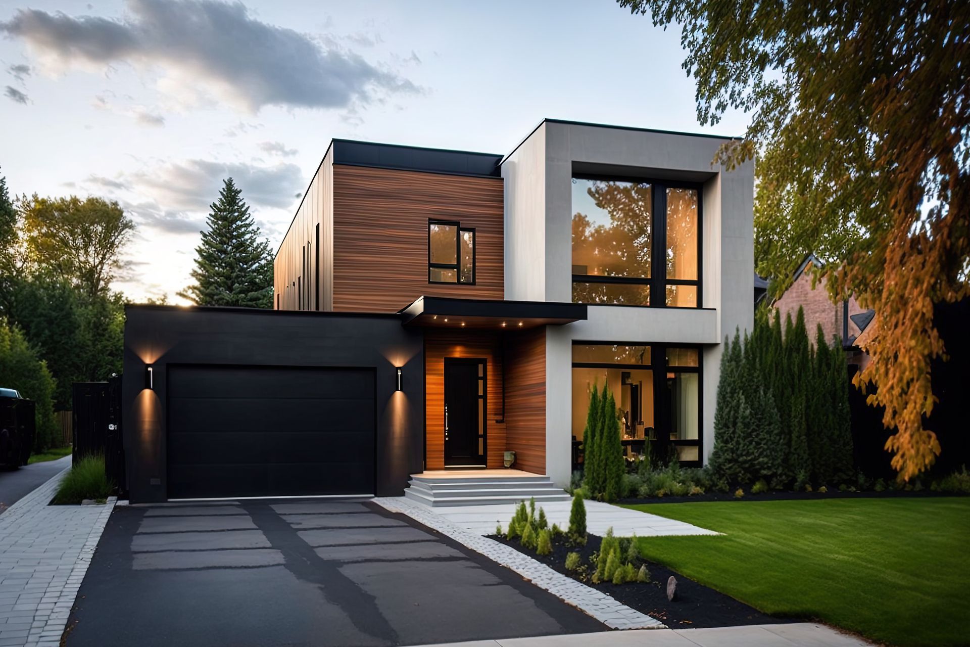 A modern house with a black garage door and a black driveway