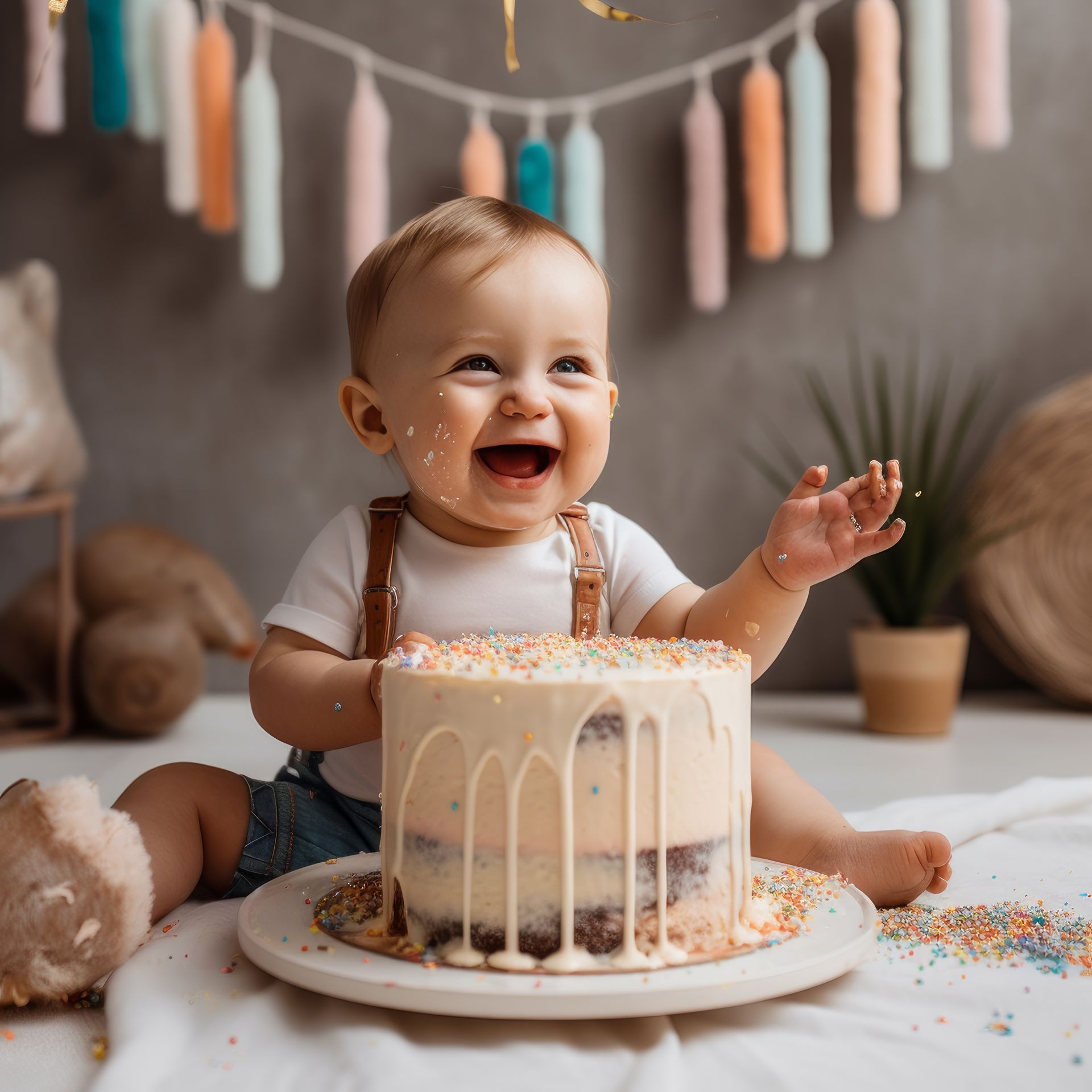 A baby is sitting in front of a birthday cake.
