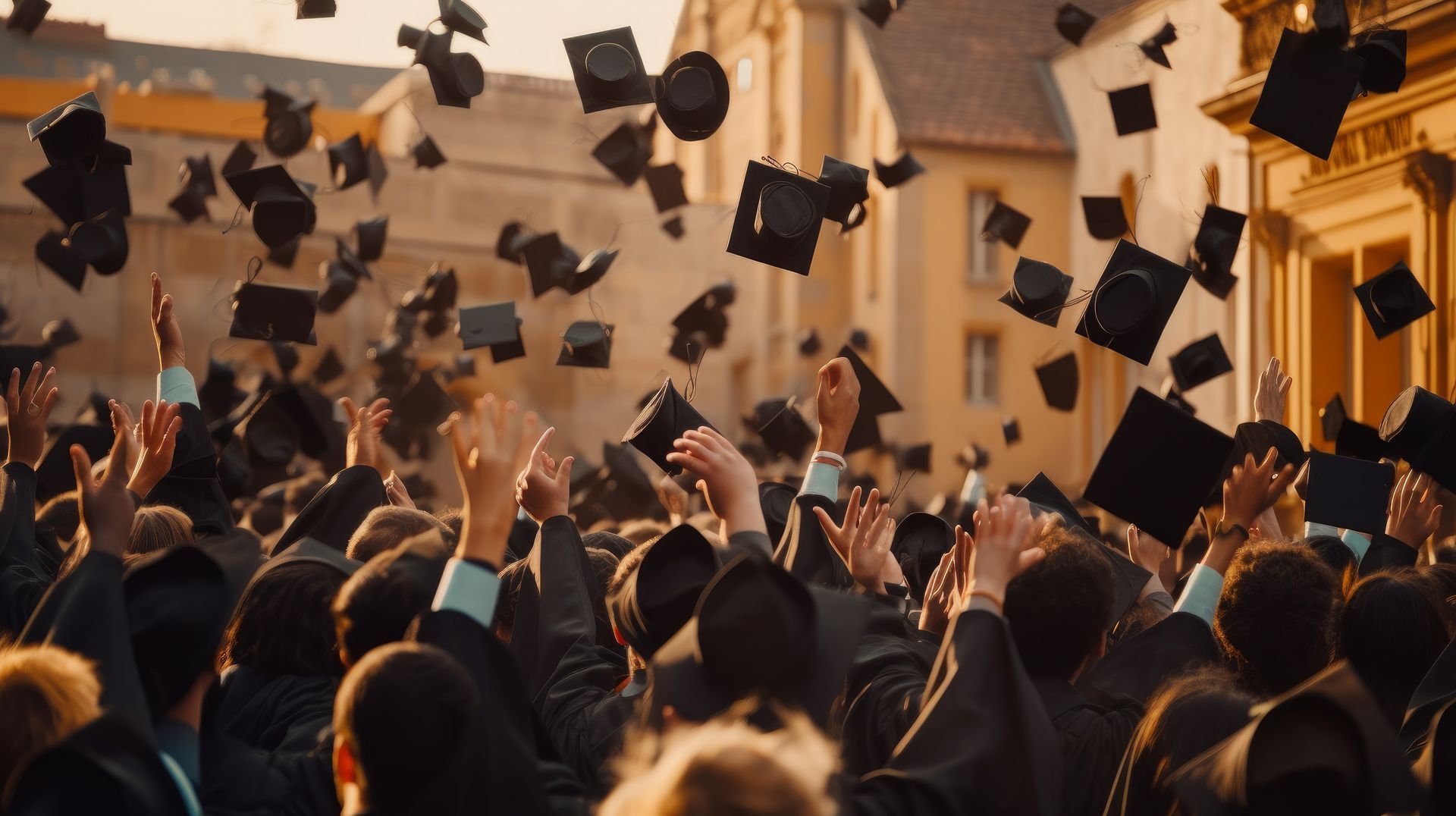 A large group of people are throwing their graduation caps in the air.