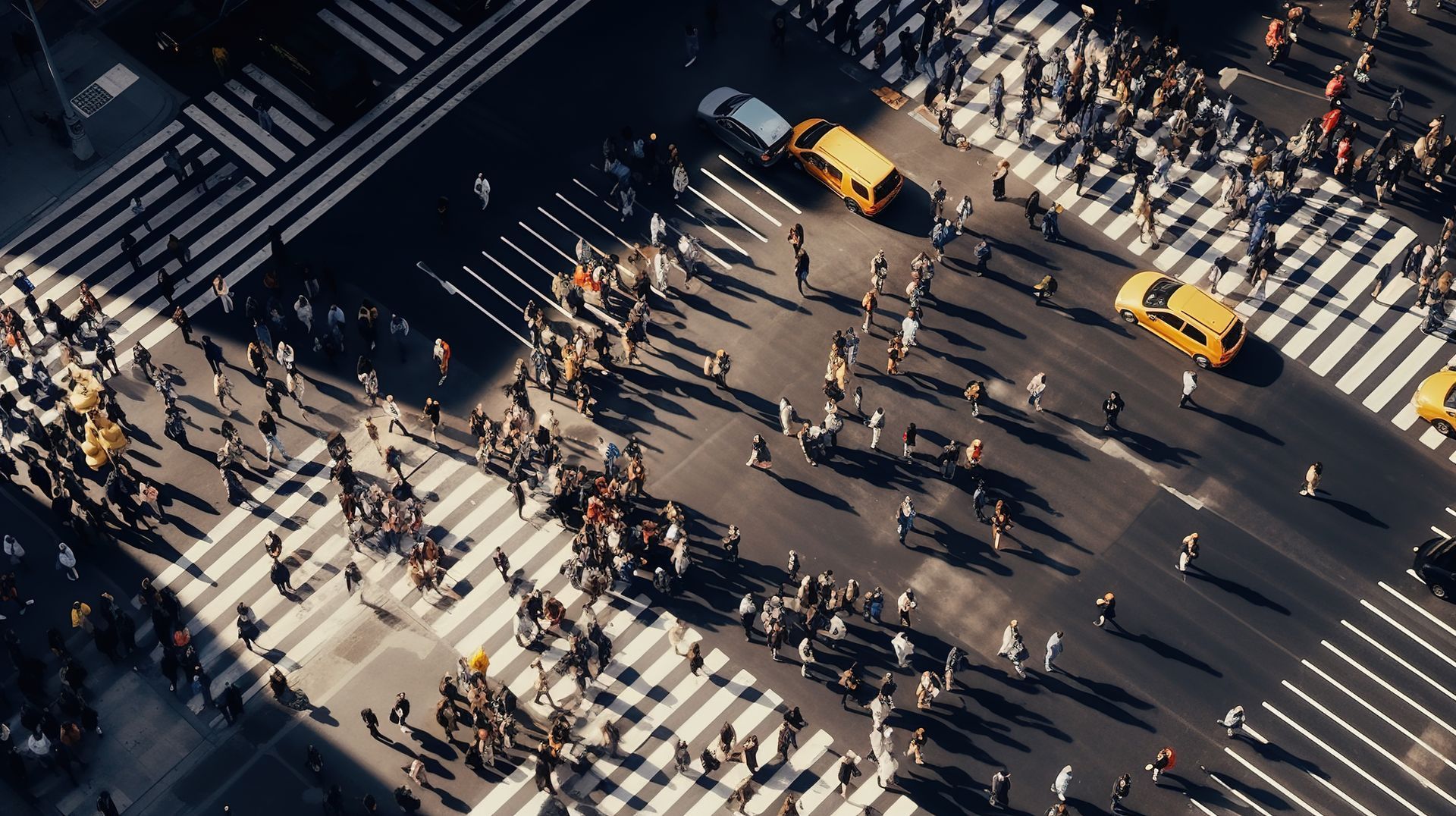 An aerial view of a crowd of people crossing a street