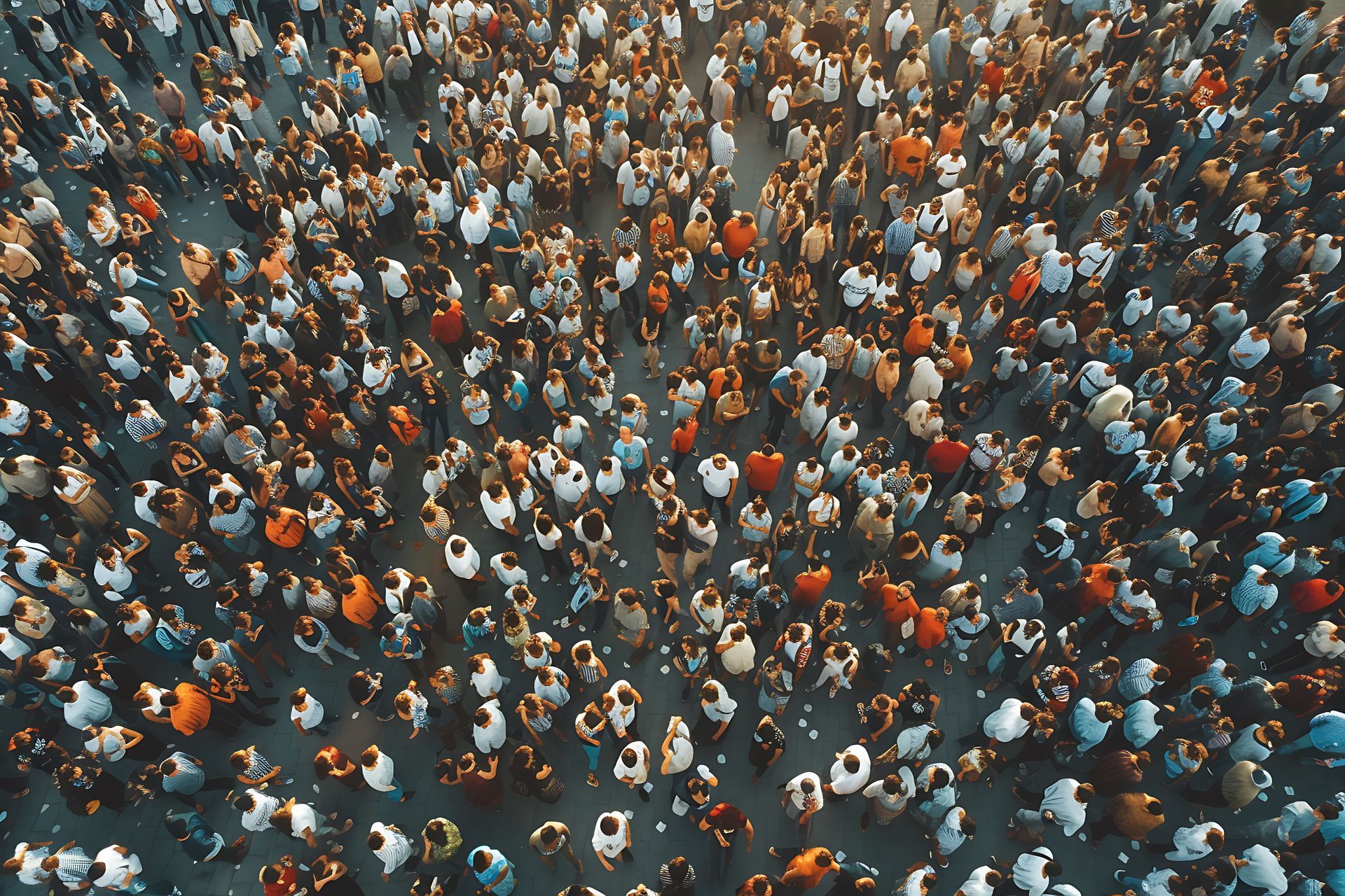 An aerial view of a large crowd of people standing in a circle.