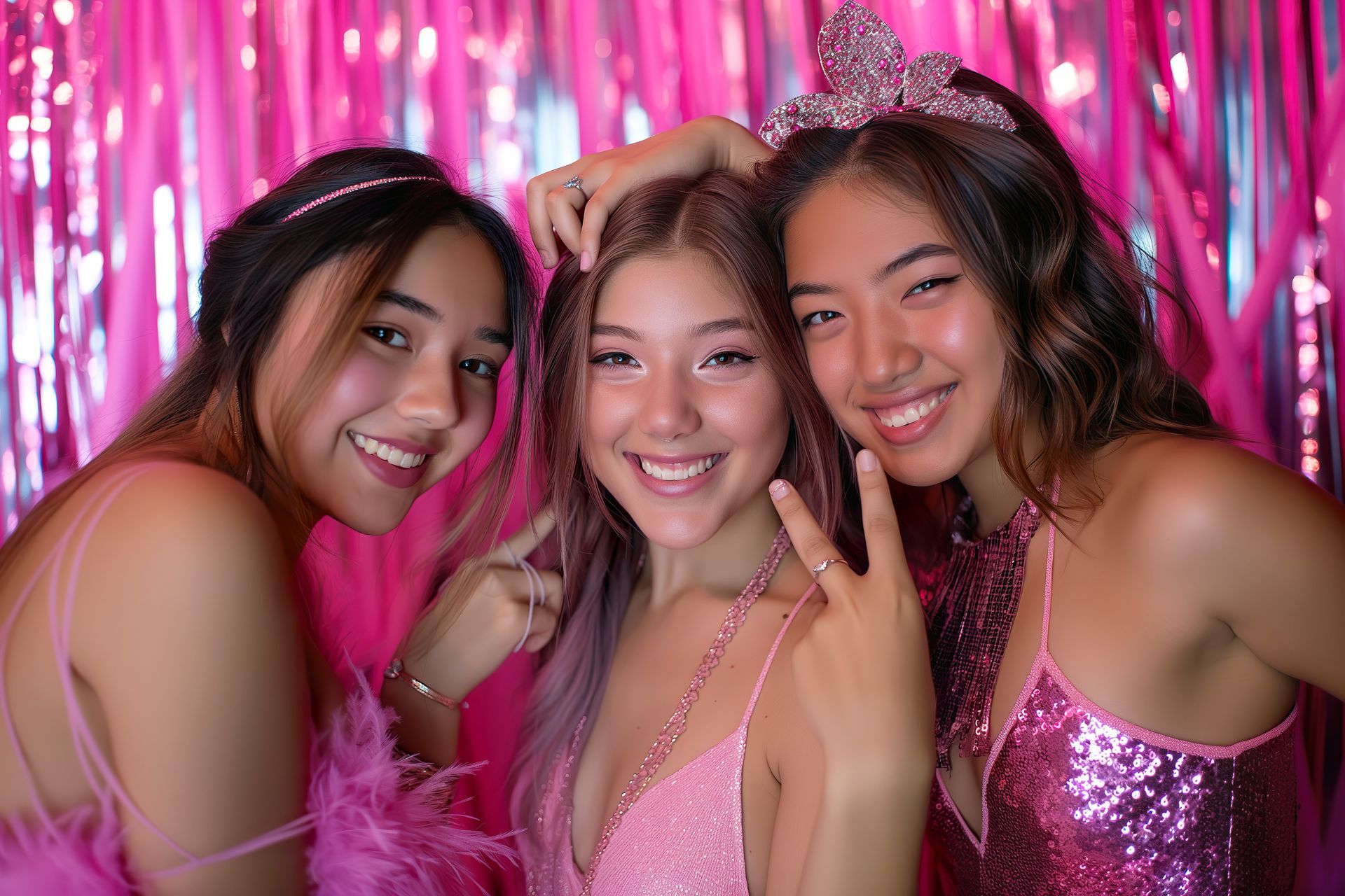 Three girls are posing for a picture in front of a pink curtain.