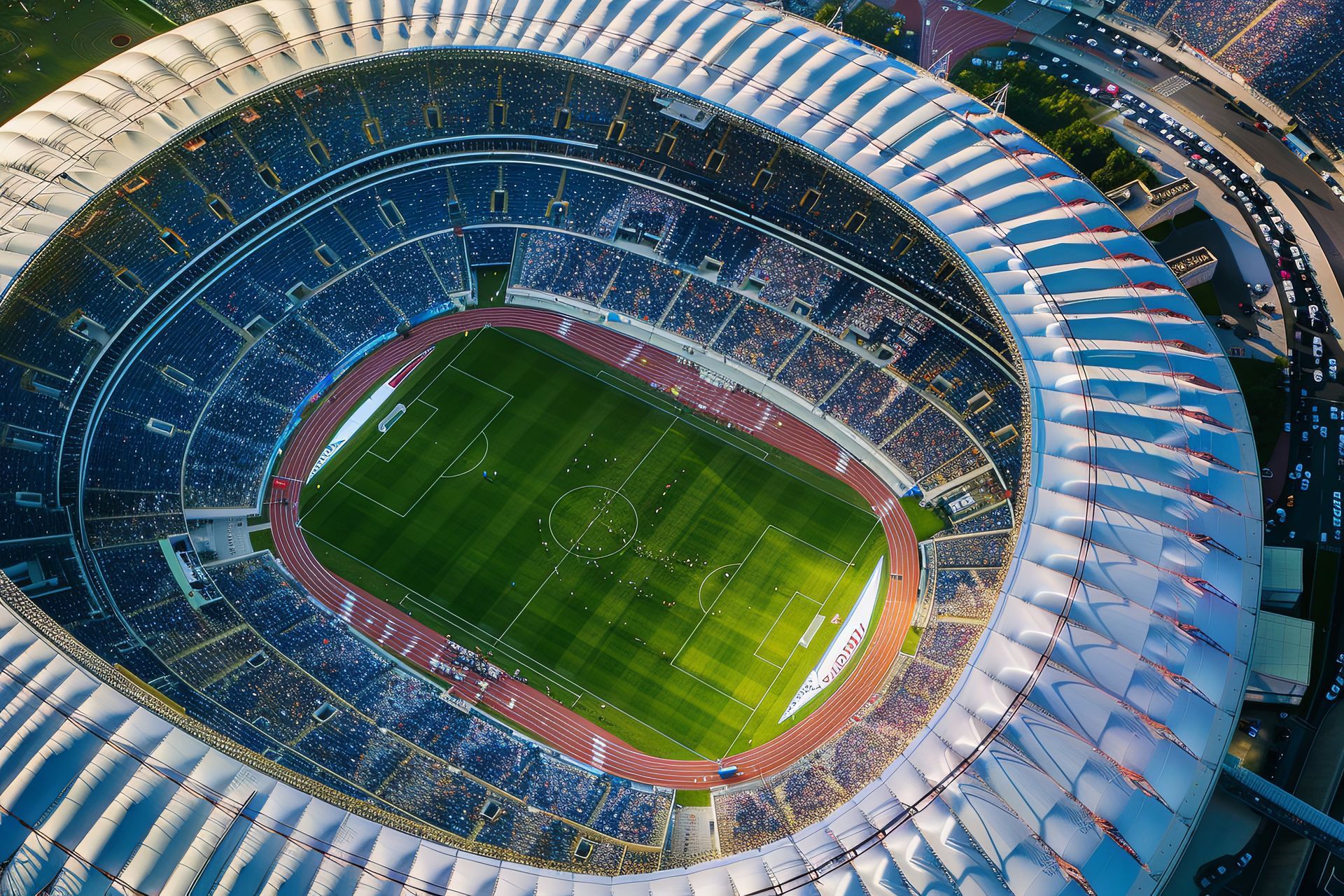 An aerial view of a soccer stadium filled with people watching a game.