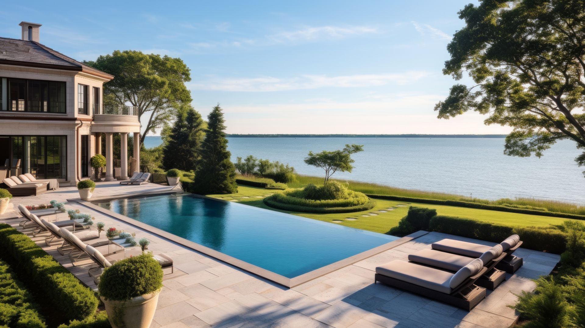 A large house with a swimming pool and a view of the ocean