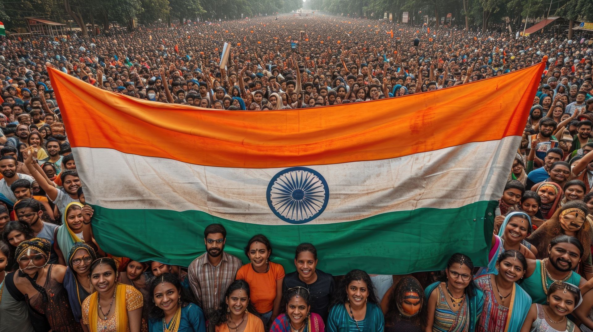 A large group of people are holding a large indian flag.