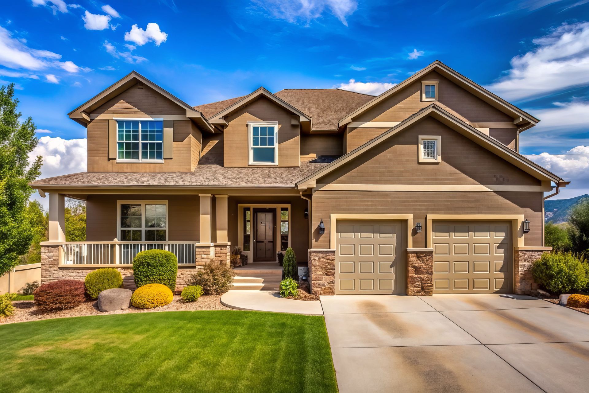 A large house with two garages and a lush green lawn.