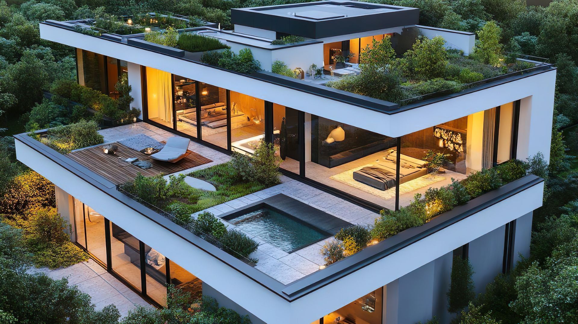 An aerial view of a modern house with a swimming pool on the roof.