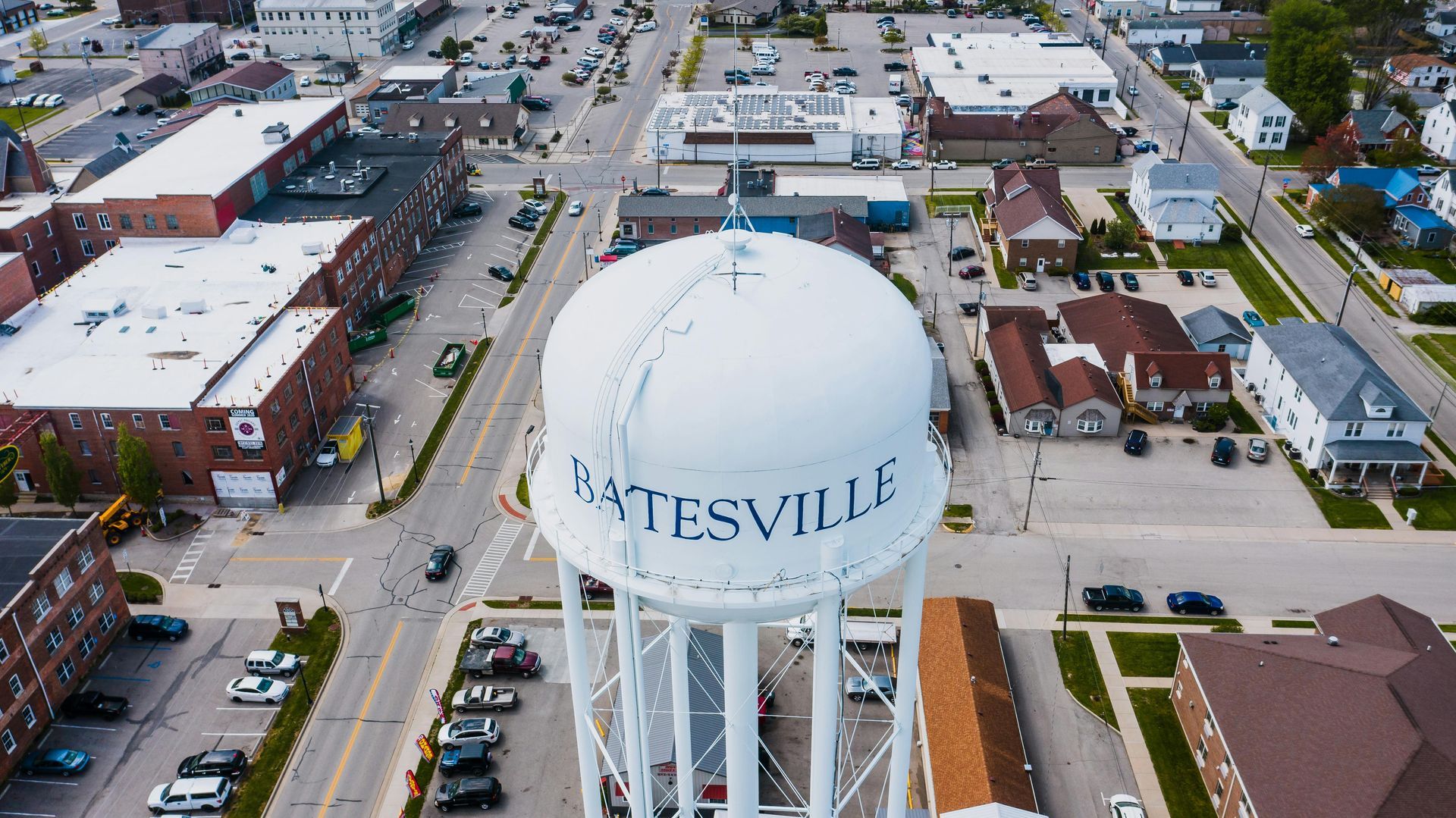 An aerial view of a water tower in batesville