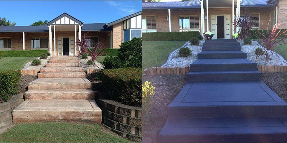 A before and after picture of a house with stairs